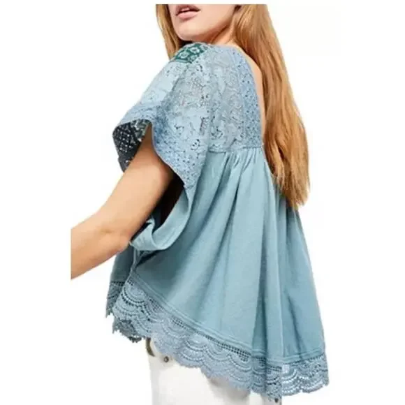 New Free People Prairie Days Floral Embroidered Lace Blouse $98 X-SMALL Seafoam - Picture 3 of 4